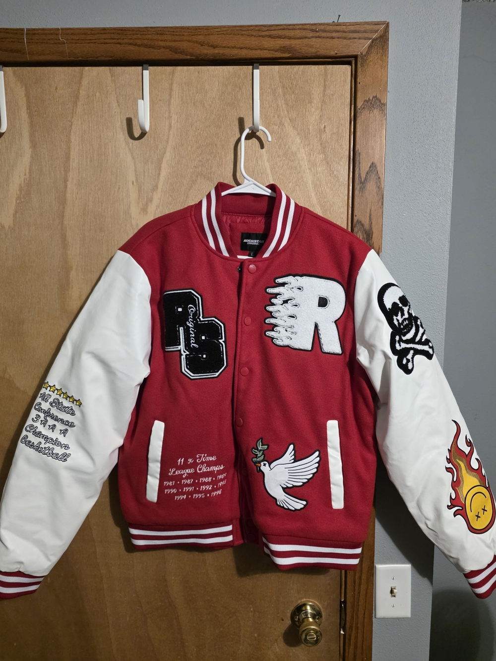 Rockstar Original Patched Varsity/Letterman Jacket (Red & White)